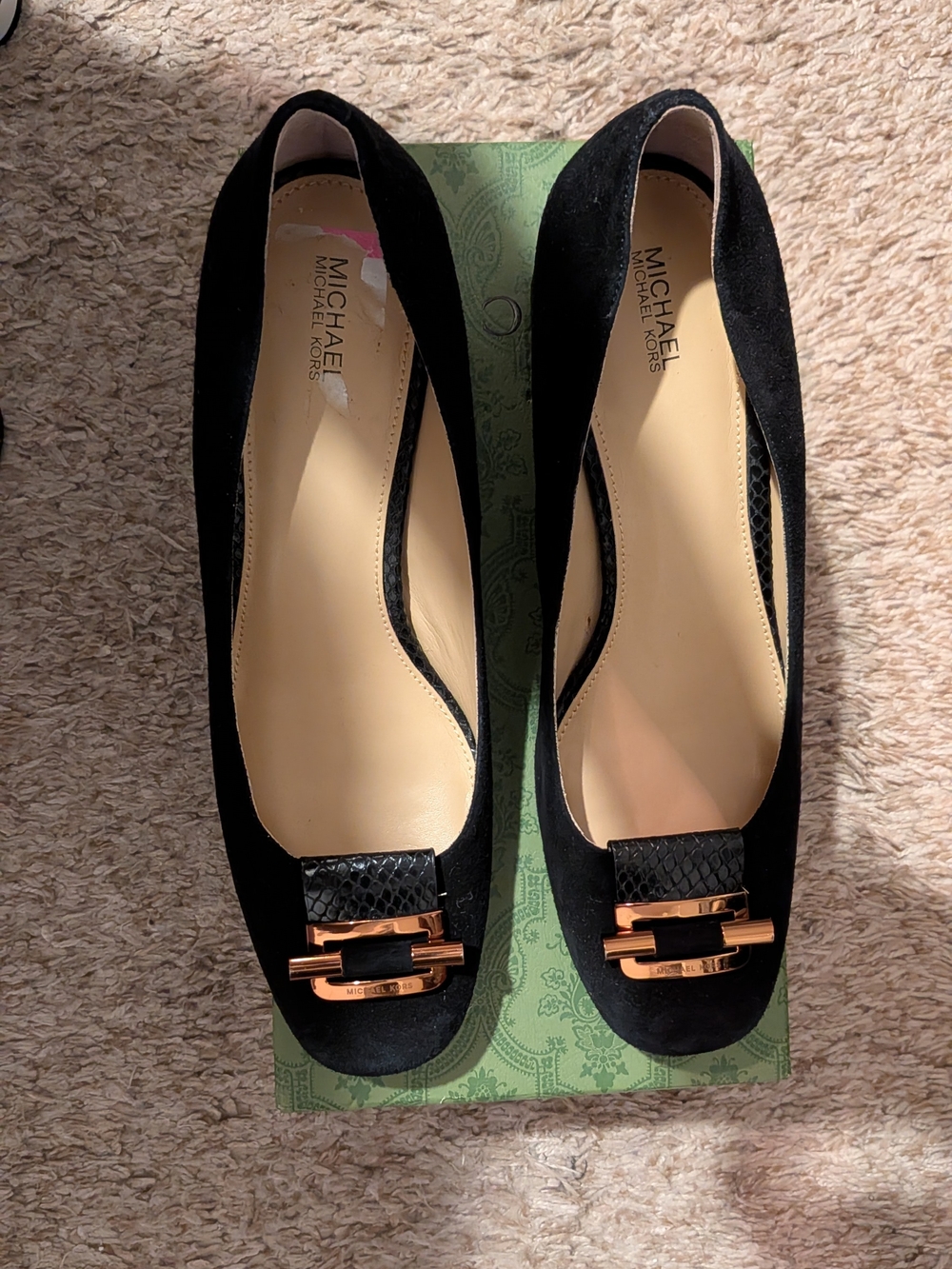 Michael Kors Black Suede Flats with Gold Buckle Accent